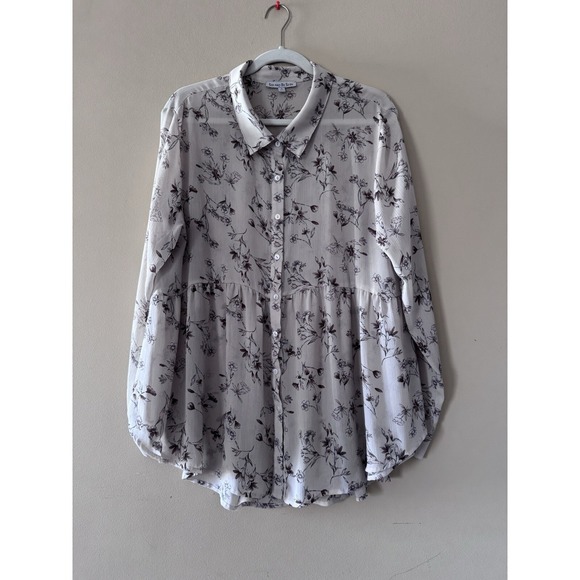 See and Be Seen Ivory Floral Long Sleeve Button Down, High/Low Size Large EUC - Picture 1 of 12